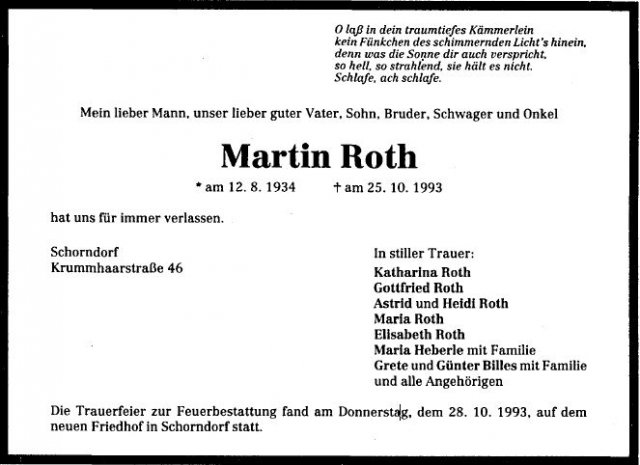 Roth Martin 1934-1993 Todesanzeige